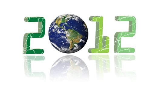 Creative 2012 New Year concept with blue Earth globe isolated on white reflective background