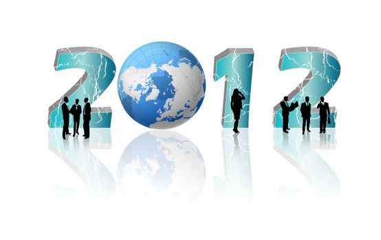 Creative 2012 New Year concept with blue Earth globe isolated on white reflective background