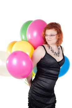 Shot of beautiful woman with multicolored air balloons isolated on white