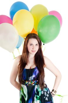 Shot of beautiful woman with multicolored air balloons isolated on white