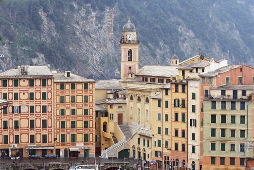 homes and church in Camogli, famous small town in Liguria, Italy