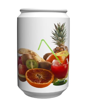 tin with images of glass of orange juice and mixed fruit on white background