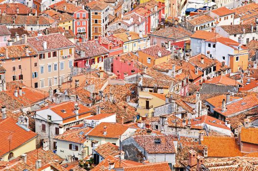 Bird eye view of buildings in Rovinj old town, Croatia