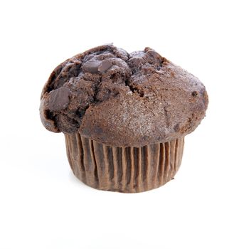 Tempting chocolate muffin on white background.