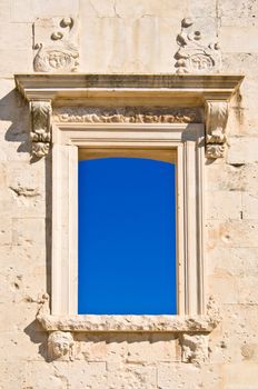 Antic window with backround blue sky. Landmarks in Croatia