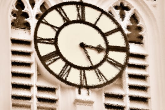 A old clock on the wall of the tower of St. Paul's Cathedral, Calcutta (Digitally Altered)