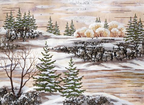 Drawing distemper on a birch bark: the Siberian winter lake