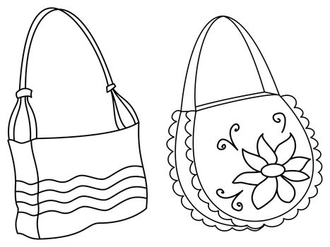 Female handbags with a pattern from flowers and lines, outline