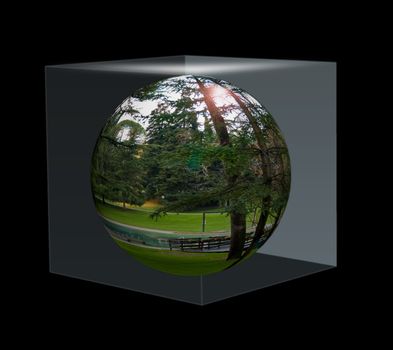 Spa park sphere inside a glass cube