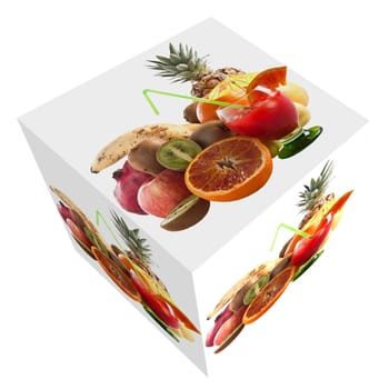 Photo cube with mixed fruit and glass of orange on white background