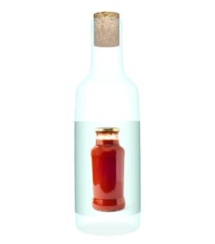 glass bottle whith label for tomato sauce on white backgound