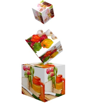 Cubes with images of food on white background