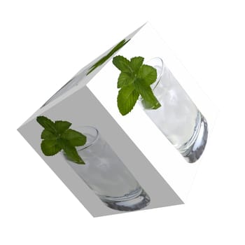 Cube with a glass of iced water with mint leaves on white background