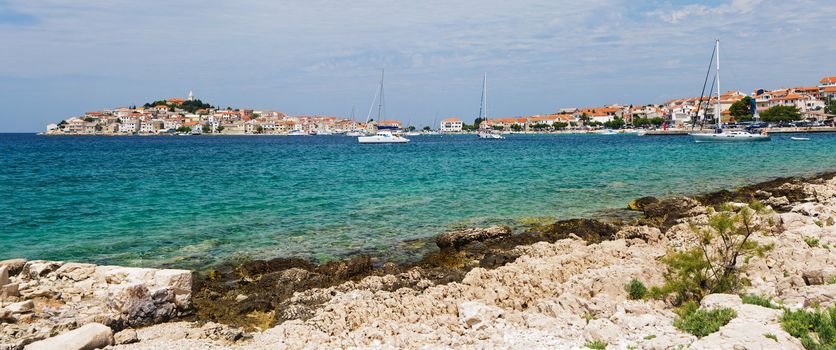 Panoramic view of the Dalmatian coast and sea with yacht from the city of Rovinj Croatia