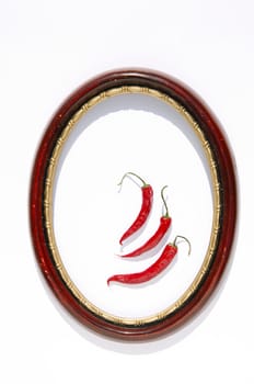 three red peppers in retro oval frame on white background