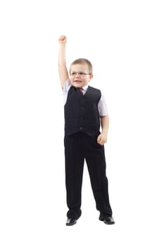 Small boy simulant imitate businessman photo on white
