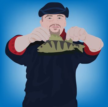 vector illustration of the happy fishman with fish