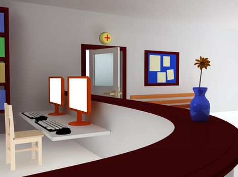 3d rendering of hospital waiting room and registry