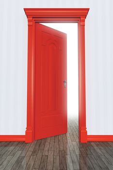 An image of an open red door