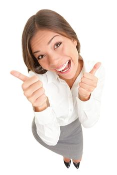 Happy thumbs up success woman isolated on white background. High angle top view image of cheerful joyous asian caucasian young woman smiling in full length.
