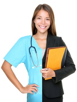 Career choice concept. Woman split half and half in businesswoman and medical doctor / nurse. Young smiling woman isolated on white baclground