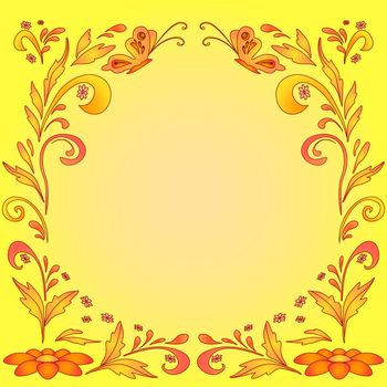Abstract floral orange and yellow background with flowers and butterflies