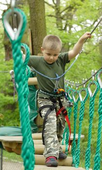 Young boy climbing in the forest colored photo