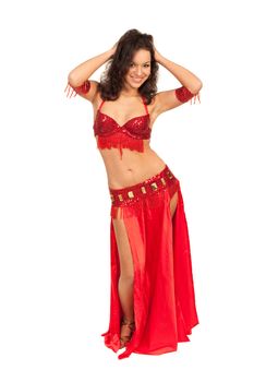Image of east dancer in red dress posing to the camera