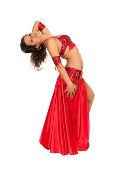 Image of east dancer in red dress posing to the camera