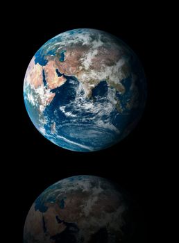 Our own earth over a black background with reflection. Maps comes from earthobservatory/nasa. 