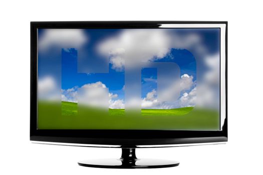 Modern HD TV showing a beautiful green landscaoe