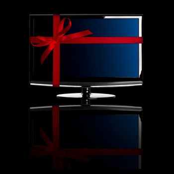 Modern Led tv with a red Christmas ribbon