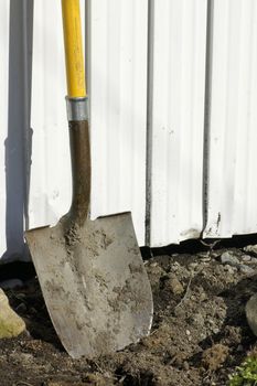 Spring time: yellow shovel against white aluminum siding of a garden shed, ready to dig and do some planting in the edges for curb appeal.