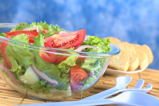 Salad made of tomato, lettuce, red bell pepper, red onion and cucumber served in a glass bowl with a blue plastic salad server on the side and baguette slices in the back (Selective Focus, Focus on the tomato slice on top) 