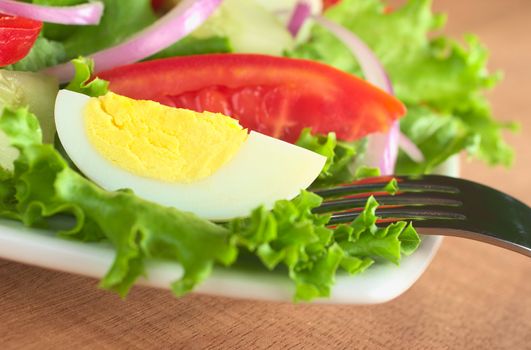 Fresh salad with boiled egg, lettuce, tomato, cucumber and red onion served on a plate with a fork (Selective Focus, Focus on the front of the egg)