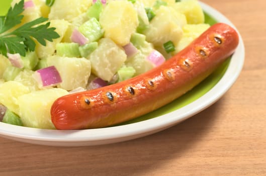 Sausage and potato salad with red and green onions and cucumber with a mayonnaise-cream dressing (Selective Focus, Focus on the front of the sausage)