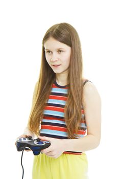 Girl plays video console game. Isolated on white background
