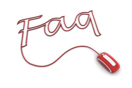 modern glossy red computer mouse is connected to the shiny red word Faq - letters are formed by the mouse cable