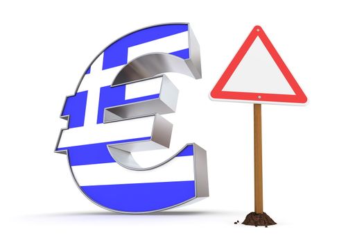 shiny metallic Euro symbol with a greek flag on it's front - a red and white  triangular warning sign stands next to it