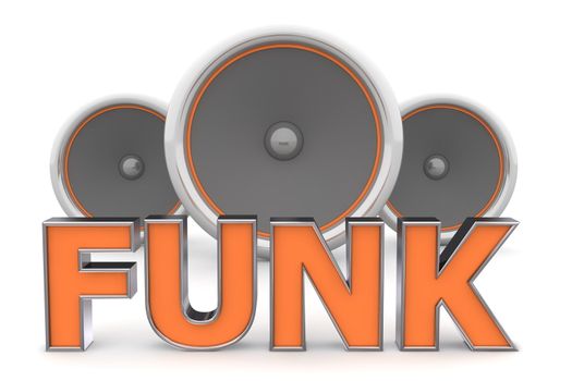 orange word FUNK with metallic outline and three speakers in background