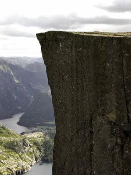 Preikestolen  pulpit-rock view in Norway fjord landscape