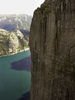 Preikestolen  pulpit-rock view in Norway fjord landscape