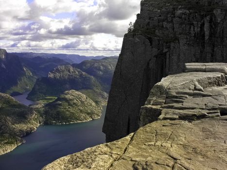 Preikestolen  pulpit-rock view in Norway fjord landscape