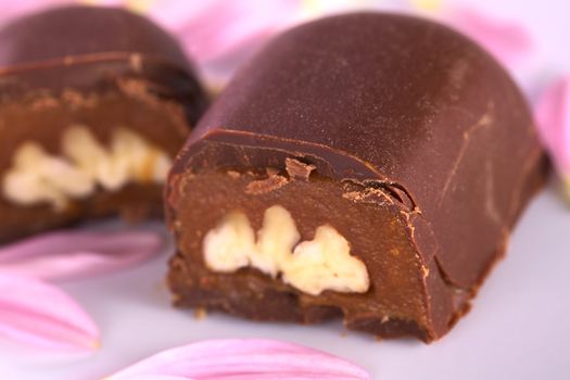 Two pecan nut truffle halves surrounded by pink petals (Selective Focus, Focus on the front upper corner of the right truffle half)