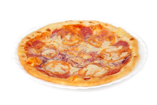 pizza closeup with salami, tomato, onion and mozzarella cheese