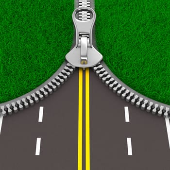 Zipper with grass and road. Isolated 3D image