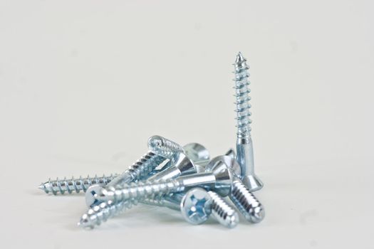 Apile of assorted screws with one screw standing on a white background.