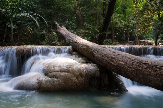 beautiful waterfall cascades in erawan kanachanburi thailand