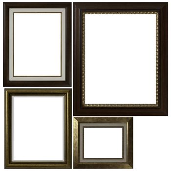 Four antique picture frames isolated on white background.