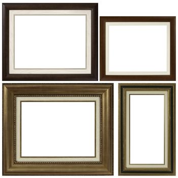 Four antique picture frames isolated on white background.